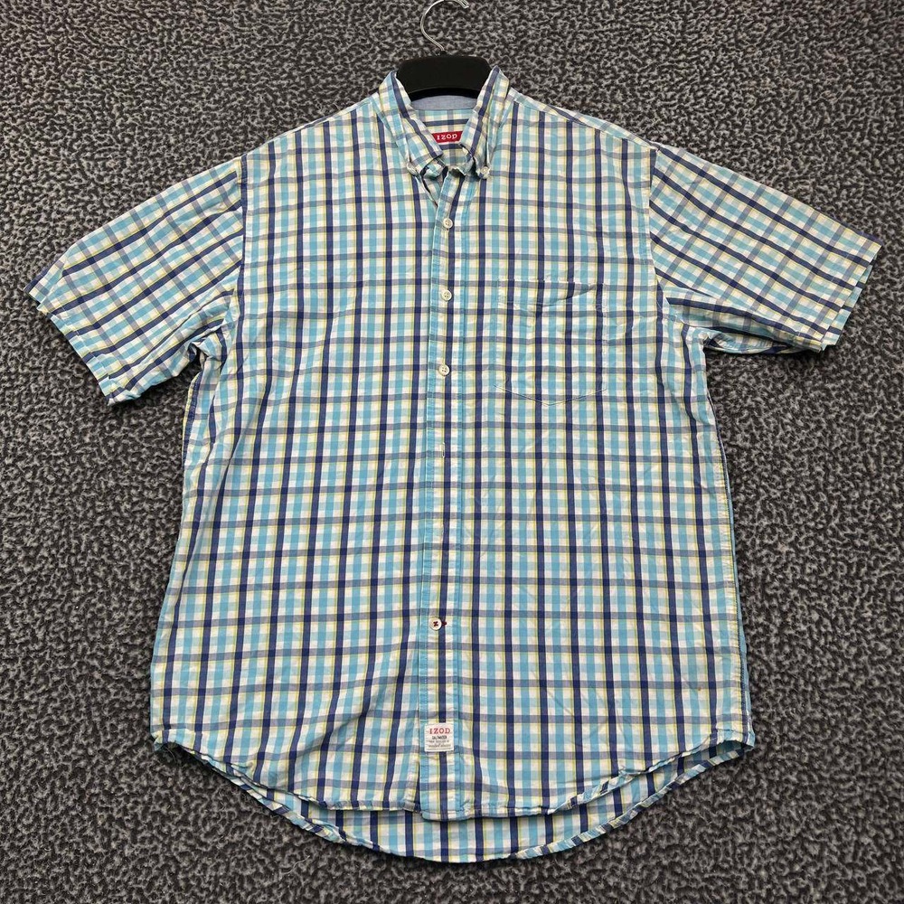 Izod Button Down Shirt‎ Men Medium Blue Plaid Short Sleeve Collared M